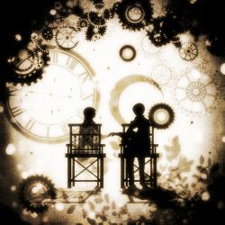 Rule 34 | 1boy, 1girl, androgynous, chair, clock, copyright request, gears, holding hands, harada miyuki, heart, hetero, looking at another, monochrome, sepia, shadow, silhouette, sitting