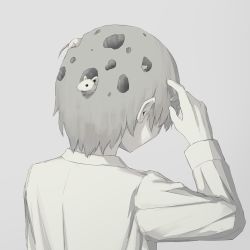 Rule 34 | 1boy, avogado6, cheese, colored skin, food, from behind, grey background, grey hair, hand up, long sleeves, male focus, mouse (animal), original, shirt, solo, swiss cheese, upper body, white shirt, white skin