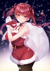 Rule 34 | 1girl, absurdres, bare shoulders, belt, blurry, blush, breasts, choker, christmas, cleavage, closed mouth, collarbone, cowboy shot, curvy, depth of field, dress, floating hair, fur trim, gloves, hair between eyes, hanakuma mano, hat, heterochromia, highres, holding, hololive, houshou marine, large breasts, long hair, looking at viewer, night, night sky, pantyhose, red dress, red eyes, red hair, ribbon choker, sack, santa costume, santa hat, sky, sleeveless, smile, snowing, solo, strapless, strapless dress, tsurime, tube dress, twintails, virtual youtuber, yellow eyes