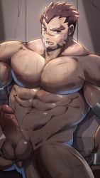 Rule 34 | 1boy, akashi (live a hero), bara, blush, brown hair, completely nude, cuffs, erection, facial hair, feet out of frame, goatee, handcuffs, highres, large pectorals, live a hero, long sideburns, male focus, muscular, muscular male, nipples, nude, orange (agnimon11803164), pectorals, penis, red eyes, scar, scar on face, scar on nose, short hair, sideburns, solo, sweat, thick eyebrows, thick thighs, thighs, uncensored