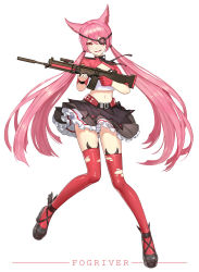 Rule 34 | 1girl, animal ears, artist name, belt, breasts, closed mouth, cropped jacket, eyepatch, fingernails, fogriver, full body, gloves, gun, highres, holding, holding gun, holding weapon, long hair, looking at viewer, mary janes, midriff, navel, original, pigeon-toed, pink hair, red eyes, red glove, red thighhighs, shoes, simple background, single glove, small breasts, smile, solo, standing, thighhighs, thighs, torn clothes, torn thighhighs, weapon, white background, zettai ryouiki
