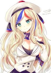 Rule 34 | 1girl, anchor hair ornament, beret, blonde hair, blue eyes, blue hair, blush, breasts, closed mouth, commandant teste (kancolle), french flag, hair between eyes, hair ornament, hat, highres, hizaka, jacket, kantai collection, large breasts, long hair, long sleeves, looking at viewer, multicolored clothes, multicolored hair, multicolored scarf, one-hour drawing challenge, plaid, plaid scarf, pom pom (clothes), red hair, scarf, smile, solo, streaked hair, wavy hair, white hair