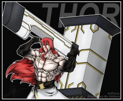 Rule 34 | 1boy, abs, belt, black sclera, colored sclera, expressionless, fighting stance, gloves, hammer, long hair, looking at viewer, mjolnir, muscular, muscular arms, muscular male, no shirt, pectorals, red hair, shuumatsu no valkyrie, tattoo, thor (shuumatsu no valkyrie), yellow eyes