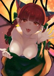 Rule 34 | 1girl, :3, animal ears, blunt bangs, bow, breasts, cat ears, clothes pull, dress, dress pull, fang, flashing, from above, green bow, green dress, hair bow, hand up, haya taro pochi, head tilt, highres, kaenbyou rin, large breasts, long hair, looking at viewer, nipples, one breast out, pointy ears, pulling own clothes, red eyes, red hair, smile, solo, tongue, tongue out, touhou, twintails