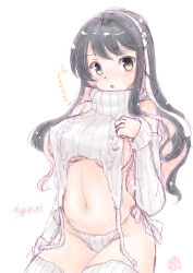 Rule 34 | 1girl, alternate costume, breasts, character name, colored inner hair, commentary request, cropped sweater, detached sleeves, garter straps, hairband, kantai collection, koshigaya tatsumi, large breasts, long hair, meme attire, multicolored hair, naganami (kancolle), naganami kai ni (kancolle), one-hour drawing challenge, panties, pink hair, ribbed legwear, ribbed panties, ribbed sleeves, ribbed sweater, ribbed thighhighs, side-tie panties, simple background, sitting, sleeveless, sleeveless sweater, sleeveless turtleneck, solo, sweater, translation request, turtleneck, turtleneck sweater, two-tone hair, underwear, virgin destroyer sweater, wavy hair, white background, white garter straps, white hairband, white panties, white sweater