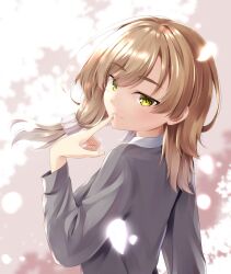 Rule 34 | 1girl, arm at side, backlighting, blush, bright pupils, brown hair, cardigan, closed mouth, commentary, eyes visible through hair, falling petals, finger to mouth, floating hair, from behind, green eyes, grey cardigan, hair between eyes, hair ornament, hair scrunchie, hand up, highres, index finger raised, long hair, long sleeves, looking at viewer, looking back, low side ponytail, mikuni sairi, petals, scrunchie, sesen2000, simple background, smile, solo, tenshi souzou re-boot!, thick eyebrows, tsurime, upper body, white scrunchie