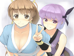 Rule 34 | 2girls, ayane (doa), bent over, blush, breasts, brown eyes, brown hair, cleavage, crazy-nobleman, dead or alive, kasumi (doa), large breasts, leaning forward, long hair, multiple girls, ninja, ponytail, purple eyes, purple hair, ribbon, short hair, siblings, simple background, sisters, sleeveless, smile, tecmo, v, white background