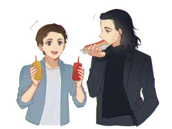 Rule 34 | 2boys, black hair, black sweater, blue shirt, brown eyes, brown hair, collared jacket, collared shirt, eating, fingernails, food, green eyes, grey jacket, grey pants, grey shirt, hand in pocket, hand up, hands up, holding, holding food, hot dog, jacket, ketchup bottle, loki (marvel), long sleeves, looking at another, male focus, marvel, marvel cinematic universe, medium hair, multiple boys, murdermuffinloki, mustard bottle, open clothes, open jacket, open mouth, open shirt, pants, peter parker, shirt, short hair, simple background, smile, standing, sweater, t-shirt, teeth, tongue, turtleneck, turtleneck sweater, white background