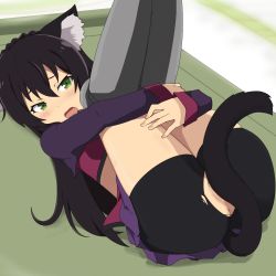 Rule 34 | 10s, 1girl, animal ear fluff, animal ears, ass, bike shorts, bike shorts under skirt, black hair, blouse, blush, cat ears, cat girl, cat tail, collar, convenient censoring, covering privates, covering crotch, fang, gobanme no mayoi neko, green eyes, grey socks, hair between eyes, highres, isekai maou to shoukan shoujo no dorei majutsu, kneehighs, knees to chest, legs up, long hair, looking at viewer, lying, metal collar, miniskirt, on back, open mouth, partially visible vulva, purple shirt, rem galleu, shadow, shirt, shorts, skirt, socks, solo, tail, tail censor, thighs, torn bike shorts, torn clothes