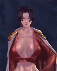Rule 34 | 1girl, absurdres, artigor, black hair, boa hancock, breasts, cleavage, cleavage cutout, clothing cutout, cropped shirt, highres, large breasts, long hair, looking at viewer, narrow waist, non-web source, one piece, purple eyes