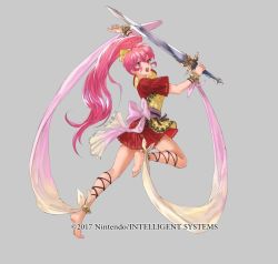 Rule 34 | 1girl, barefoot, belt, bow, bracelet, fire emblem, fire emblem: new mystery of the emblem, fire emblem heroes, full body, grey background, jewelry, long hair, mayo (becky2006), nintendo, official art, open mouth, phina (fire emblem), pink eyes, pink hair, ponytail, solo, sword, teeth, weapon
