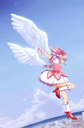 Rule 34 | 10s, 1girl, absurdres, angel wings, bad id, bad pixiv id, bow, bubble skirt, cityscape, cloud, day, dress, flying, footwear ribbon, gloves, hair bow, high heels, highres, kaname madoka, kaname madoka (magical girl), magical girl, mahou shoujo madoka magica, mahou shoujo madoka magica (anime), misu kasumi, ocean, open mouth, pink eyes, pink hair, ribbon, shoes, short hair, short twintails, skirt, sky, solo, twintails, wings