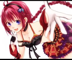 Rule 34 | 1girl, :d, alternate costume, bare shoulders, blue eyes, bra, braid, breasts, checkered clothes, checkered skirt, choker, cleavage, collarbone, detached sleeves, frilled bra, frilled skirt, frills, gloves, hair ornament, hairclip, idol clothes, kurosaki mea, long hair, looking at viewer, medium breasts, microphone, open mouth, pointing, pointing at self, reaching, reaching towards viewer, red hair, simple background, skirt, smile, solo, to love-ru, underwear, very long hair, white background
