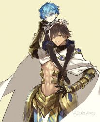Rule 34 | 2boys, abs, ahoge, artist name, bad id, bad twitter id, black footwear, black gloves, black legwear, blue eyes, blue hair, brown hair, cape, carrying, commentary request, dark-skinned male, dark skin, earrings, fate/extra, fate/grand order, fate (series), gauntlets, gloves, hans christian andersen (fate), jewelry, koshika rina, long sleeves, male focus, multiple boys, ozymandias (fate), pantyhose, shirt, shoes, short hair, shorts, shoulder carry, shrug (clothing), smile, striped clothes, striped shirt, topless male, twitter username, vertical-striped clothes, vertical-striped shirt, white cape, yellow eyes