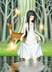 Rule 34 | 1girl, bad id, bad pixiv id, black hair, bug, butterfly, clothes lift, deer, dress, dress lift, forest, grass, insect, k+, long hair, nature, original, red eyes, ripples, skirt hold, solo, tree, wading, water, white dress