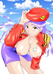 Rule 34 | 1girl, 777, breasts, breasts out, cloud, collarbone, cross, cross necklace, earrings, green eyes, hat, jacket, jewelry, katsuragi misato, large breasts, leaning forward, legs, long hair, long sleeves, looking at viewer, necklace, neon genesis evangelion, nipples, no bra, open clothes, pencil skirt, purple hair, shiny skin, skirt, sky, smile, solo, thighs, uniform, wind