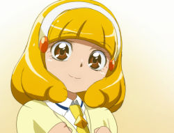 Rule 34 | 10s, 1girl, blonde hair, brown eyes, hairband, kise yayoi, looking at viewer, oimanji, precure, school uniform, short hair, smile, smile precure!, solo, white hairband, yellow background, yellow theme