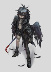 Rule 34 | 1girl, asymmetrical legwear, bags under eyes, black hair, black legwear, black skirt, boots, choker, closed mouth, crowbar, feathered wings, feathers, female focus, full body, high heel boots, high heels, highres, holding, hood, hood down, jacket, jewelry, jonpei, looking at viewer, messy hair, mismatched legwear, navel, necklace, open clothes, open jacket, original, pale skin, red eyes, simple background, skirt, solo, standing, torn clothes, torn skirt, white background, wings