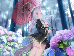 Rule 34 | 1girl, ahoge, animal ears, black jacket, blue flower, blush, bow, commentary request, ear ribbon, flower, forest, frilled jacket, frills, green ribbon, highres, holding, holding umbrella, horse ears, horse girl, horse tail, hydrangea, jacket, long hair, long sleeves, looking at viewer, mejiro mcqueen (umamusume), nature, oil-paper umbrella, outdoors, purple eyes, purple flower, purple hair, ribbon, sho (runatic moon), solo, standing, tail, umamusume, umbrella