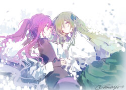 16personalities 2girls braid coat green_hair green_skirt lab_coat logician_(16personalities) long_hair long_skirt long_sleeves mediator_(16personalities) mouyimouyi multiple_girls ponytail purple_sweater shirt sidelocks signature simple_background skirt sweater very_long_hair white_background white_coat white_shirt