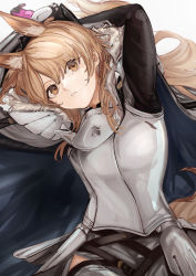 Rule 34 | 1girl, absurdres, animal ear fluff, animal ears, arknights, armor, arms behind head, black gloves, blemishine (arknights), blonde hair, brown eyes, cape, commentary, extra ears, female focus, gloves, head tilt, highres, horse ears, horse girl, kingdom of kazimierz logo, long hair, looking at viewer, midu5, solo, upper body, white background