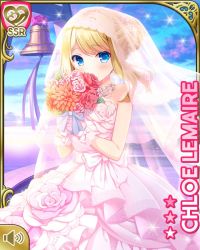 Rule 34 | 1girl, bell, blonde hair, blue eyes, bow, card, character name, chloe lemaire, day, dress, flower bouquet, girlfriend (kari), long hair, mouth hidden, official art, open mouth, outdoors, qp:flapper, smile, solo, tagme, wedding dress, white bow, white dress