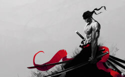 Rule 34 | 1boy, abs, absurdres, bandana, biceps, clothes down, dual wielding, earrings, facing ahead, feet out of frame, floating clothes, from side, greyscale, highres, holding, holding sword, holding weapon, japanese clothes, jewelry, katana, kimono, large pectorals, male focus, monochrome, muscular, muscular male, nipples, one piece, open clothes, open kimono, pectorals, profile, rainbowrocketz, roronoa zoro, shaded face, sheath, sheathed, short hair, solo, spot color, standing, stitches, sword, third-party source, topless male, triceps, veins, veiny arms, weapon