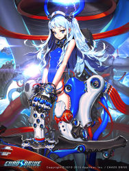 Rule 34 | 1girl, bad id, bad pixiv id, bare shoulders, blue eyes, blue hair, blue leotard, chaos drive, cockpit, company name, copyright name, covered navel, energy, covered erect nipples, gloves, hichi, highres, leotard, long hair, looking at viewer, mecha musume, official art, original, smile, venus (chaos drive)