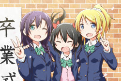 Rule 34 | 10s, 3girls, ;d, alternate hairstyle, ayase eli, black hair, blazer, blonde hair, blue eyes, bow, braid, cardigan, female focus, girl sandwich, green hair, hair bow, hair ornament, hair ribbon, jacket, looking at viewer, love live!, love live! school idol project, multiple girls, one eye closed, open jacket, open clothes, open jacket, open mouth, petals, ponytail, purple hair, riai (onsen), ribbon, sandwiched, school uniform, side braid, smile, tojo nozomi, translated, twintails, v, yazawa nico
