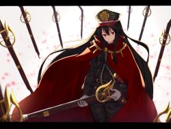 Rule 34 | 1girl, antique firearm, belt, black hair, black hat, black pants, buttons, cape, closed mouth, cowboy shot, crest, double-breasted, expressionless, family crest, fate/grand order, fate (series), firearm, floating, floating object, floating weapon, glint, gloves, grey background, grey gloves, gun, hair between eyes, hat, head tilt, holding, holding gun, holding weapon, kanikou, letterboxed, light particles, long hair, long sleeves, looking at viewer, military, military uniform, oda nobunaga, oda nobunaga (fate), oda nobunaga (koha-ace), pants, peaked cap, red cape, red eyes, rifle, sheath, sheathed, sidelocks, simple background, solo, standing, sword, trigger discipline, uniform, very long hair, weapon