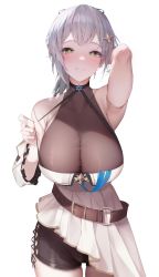 Rule 34 | 1girl, absurdres, armpits, belt, blush, breasts, cleavage, covered collarbone, cross-laced slit, detached sleeves, dodari, dress, green eyes, grey hair, hair between eyes, highres, hololive, large breasts, long hair, looking at viewer, see-through, see-through cleavage, shirogane noel, shirogane noel (5th costume), shorts, smile, snowflake choker, solo, virtual youtuber, white background