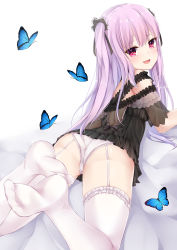 Rule 34 | 1girl, :d, blush, boots, bug, butterfly, feet up, garter straps, highres, hololive, insect, knee boots, long hair, looking at viewer, lying, on stomach, open mouth, panties, purple hair, red eyes, smile, soles, two side up, umou (may65879), underwear, uruha rushia, uruha rushia (3rd costume), virtual youtuber, white background, white legwear