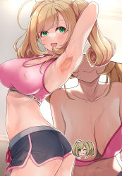 Rule 34 | 1girl, :d, armpits, black shorts, blonde hair, blush, bra, breasts, censored, censored nipples, character censor, cleavage, commentary request, covered erect nipples, green eyes, highres, idolmaster, idolmaster cinderella girls, large breasts, looking at viewer, midriff, mk (mod0), multiple views, novelty censor, one breast out, open mouth, pink bra, sato shin, short hair, short shorts, shorts, smile, solo, sports bra, sportswear, sweat, twintails, underwear