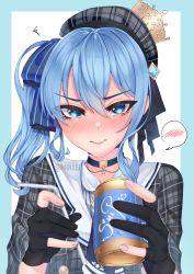 Rule 34 | 1girl, beret, black gloves, blue eyes, blue hair, blush, can, choker, crown, drinking straw, gloves, hat, hololive, hoshimachi suisei, hoshimachi suisei (1st costume), long hair, looking at viewer, minxei, side ponytail, solo, spoken blush, virtual youtuber