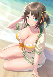 Rule 34 | 1girl, beach, bikini, bikini under clothes, blue eyes, blush, breasts, brown hair, censored, cleavage, closed mouth, collarbone, colored eyelashes, hair ribbon, highres, jacket, kawase seiki, large breasts, long sleeves, looking at viewer, outdoors, ribbon, ronye arabel, short hair, smile, solo, swimsuit, sword art online, thighs, twintails, water, wet, white jacket, yellow bikini