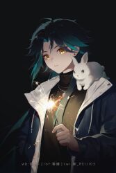 Rule 34 | 1boy, amulet, animal, black background, black jacket, black shirt, ear piercing, facial mark, fireworks, forehead mark, genshin impact, green hair, highres, holding, holding fireworks, jacket, lofter username, long hair, long sleeves, male focus, open clothes, open jacket, parted bangs, parted lips, piercing, rabbit on shoulder, rj (lingshih10), shirt, solo, sparkler, twitter username, upper body, weibo watermark, xiao (genshin impact), yellow eyes