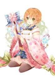 Rule 34 | 10s, 1girl, :d, absurdres, blush, detached sleeves, flower, frilled sleeves, frills, full body, hair between eyes, hair flower, hair ornament, head tilt, highres, hoshizora rin, long sleeves, love live!, love live! school idol festival, love live! school idol project, open mouth, orange hair, seiza, short hair, sitting, smile, solo, souhi, thighhighs, wand, wide sleeves, yellow eyes, zettai ryouiki