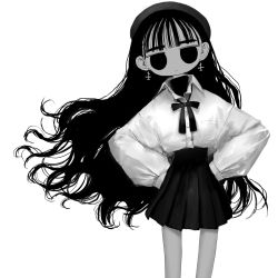 Rule 34 | 1girl, blunt bangs, closed mouth, collared shirt, cross, cross earrings, earrings, floating hair, greyscale, hands on own hips, hat, highres, jewelry, jitome, long hair, looking at viewer, miniskirt, mole, mole under eye, monochrome, narue, neck ribbon, original, orthodox cross, pleated skirt, ribbon, shirt, simple background, skirt, solo, very long hair, white background, wing collar