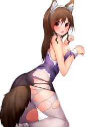 Rule 34 | &gt;:o, 10s, 1girl, :o, absurdres, animal ears, ashigara (kancolle), bare shoulders, black skirt, boruhis, breasts, brown eyes, brown hair, from side, hairband, highres, kantai collection, kemonomimi mode, kneeling, long hair, looking to the side, medium breasts, miniskirt, open mouth, pantyhose, paw pose, pencil skirt, shirt, skirt, solo, tail, torn clothes, torn pantyhose, torn shirt, torn skirt, torn sleeves, v-shaped eyebrows, white pantyhose, wolf ears, wolf tail