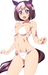 Rule 34 | 1girl, :d, absurdres, animal ears, bikini, blue ribbon, bow, breasts, brown hair, ear ribbon, highres, horse ears, horse girl, horse tail, looking at viewer, medium breasts, multicolored hair, navel, oimanji, open mouth, purple eyes, ribbon, short hair, simple background, smile, solo, special week (umamusume), streaked hair, swimsuit, tail, umamusume, white background, white bikini, white hair