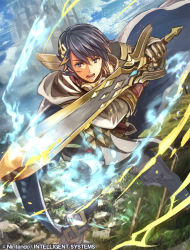 Rule 34 | 1boy, alfonse (fire emblem), armor, blonde hair, blue eyes, blue hair, cape, castle, fire, fire emblem, fire emblem cipher, fire emblem heroes, greaves, hair ornament, holding, holding sword, holding weapon, multicolored hair, nijihayashi, nintendo, official art, open mouth, skyline, sword, weapon, white cape