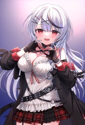 Rule 34 | 1girl, absurdres, belt, black belt, black collar, black garter straps, black gloves, black hair, black jacket, blush, breasts, camisole, cleavage, collar, ear piercing, fang, fingerless gloves, garter straps, gloves, grey hair, hair ornament, hairpin, heart, heart belt, heart hands, highres, hololive, ineka ka, jacket, large breasts, long hair, looking at viewer, multicolored hair, nail polish, open clothes, open jacket, open mouth, piercing, pleated skirt, red nails, red skirt, sakamata chloe, skin fang, skirt, smile, solo, streaked hair, virtual youtuber, white camisole, x hair ornament