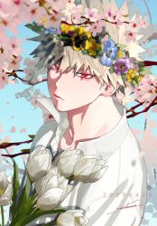 Rule 34 | 1boy, bakugou katsuki, blonde hair, boku no hero academia, cherry blossoms, collared shirt, dated, flower, head wreath, highres, looking at viewer, male focus, open collar, red eyes, serious, shirt, shoco (sco labo), short hair, slit pupils, solo, spiked hair, branch, tree shade, upper body, white shirt