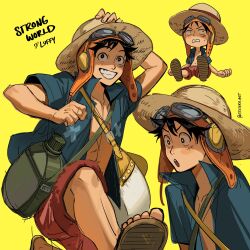 Rule 34 | 1boy, aviator cap, black hair, blue jacket, canteen, etceteraart, goggles, goggles on headwear, hand on own head, hat, highres, jacket, male focus, monkey d. luffy, multiple views, one piece, one piece: strong world, open mouth, red shorts, sandals, short hair, shorts, sitting, sparkling eyes, straw hat, twitter username, yellow background