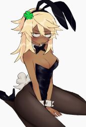 Rule 34 | 1girl, animal ears, black leotard, black pantyhose, blonde hair, blush, bow, bowtie, breasts, cleavage, clover, dark-skinned female, dark skin, detached collar, embarrassed, fake animal ears, fake tail, four-leaf clover, guilty gear, guilty gear strive, hibi (dustbinrat), high heels, highres, large breasts, leotard, long hair, looking at viewer, nose blush, orange eyes, pantyhose, playboy bunny, rabbit ears, rabbit tail, ramlethal valentine, simple background, sitting, small pupils, strapless, strapless leotard, tail, wariza, wrist cuffs