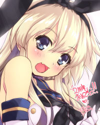 Rule 34 | 1girl, :d, artist name, black hairband, black neckerchief, blonde hair, blue eyes, blush, commentary request, crop top, elbow gloves, face, fang, gloves, hair between eyes, hair ornament, hairband, heart, kantai collection, long hair, looking at viewer, neckerchief, oono tetsuya, open mouth, sailor collar, school uniform, serafuku, shimakaze (kancolle), signature, simple background, sketch, smile, solo, translation request, white gloves
