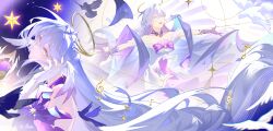 Rule 34 | 1girl, abstract background, absurdres, bare shoulders, bird, bird wings, bow, bracelet, bright pupils, collarbone, commentary, dress, dress bow, elbow gloves, english commentary, floating hair, gloves, halo, hand up, head wings, highres, honkai: star rail, honkai (series), jewelry, long hair, looking ahead, misansan, multiple views, musical note, off-shoulder dress, off shoulder, open mouth, outstretched arms, pearl bracelet, purple bow, purple gloves, purple hair, robin (honkai: star rail), single hair intake, smile, spread arms, striped bow, upper body, very long hair, white dress, white gloves, white pupils, wings, yellow eyes