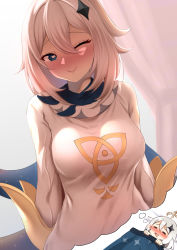 Rule 34 | 1girl, ;), aged up, blanket, blue eyes, blush, breasts, curtains, dearonnus, dreaming, dress, drooling, genshin impact, hair between eyes, hair ornament, halo, heart, heart-shaped pupils, highres, large breasts, long sleeves, looking at viewer, medium hair, nose blush, one eye closed, open mouth, paimon (genshin impact), sleeping, smile, symbol-shaped pupils, taut clothes, taut dress, thought bubble, white dress, white hair