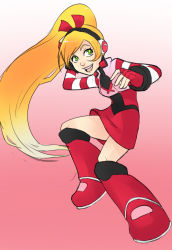 Rule 34 | 1girl, blonde hair, boots, call (mighty no. 9), call f, dress, fingerless gloves, gloves, green eyes, greenmarine, hair ribbon, headband, knee boots, long hair, mighty no. 9, ponytail, ribbon, short dress, smile, solo, striped, striped sleeves
