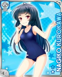 Rule 34 | 1girl, bags under eyes, barefoot, black hair, black nails, blue background, card (medium), closed mouth, competition swimsuit, covered navel, girlfriend (kari), kurokawa nagiko, long hair, looking at viewer, nail polish, nervous smile, official art, one-piece swimsuit, qp:flapper, red eyes, smile, solo, standing, swimsuit